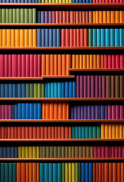 uma grande estante de livros com muitos livros de cores diferentes