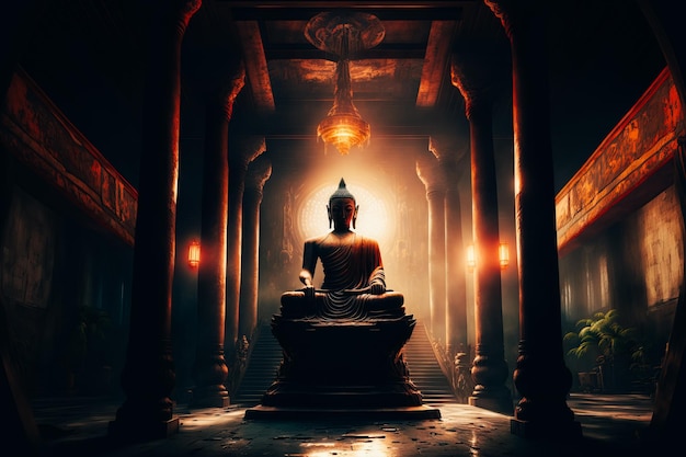 Uma grande estátua de Buda em um templo tranquilo