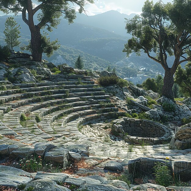 Foto uma grande estrutura de pedra com árvores no topo dela