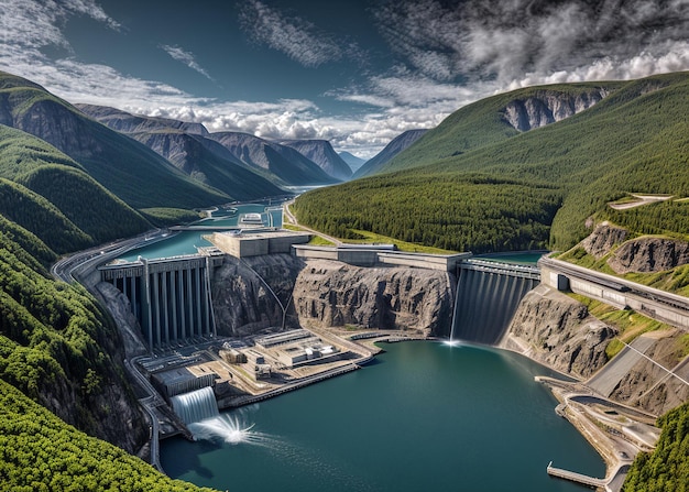Uma grande fábrica com um corpo de água estação de energia hidrelétrica