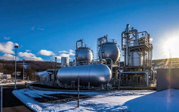 Uma grande fábrica industrial com um céu azul e nuvens ao fundo.