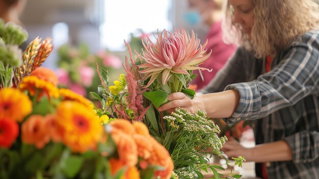 Uma grande flor rosa em uma mão de menina Flores em um fundo desfocado de um florista de carne conduzindo uma aula mestra