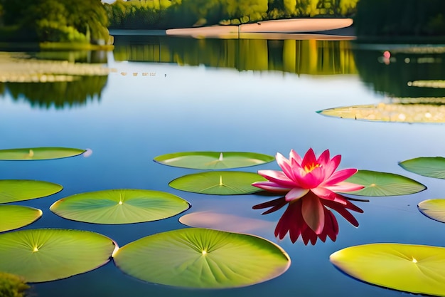 Uma grande flor rosa fica na água de um lago.