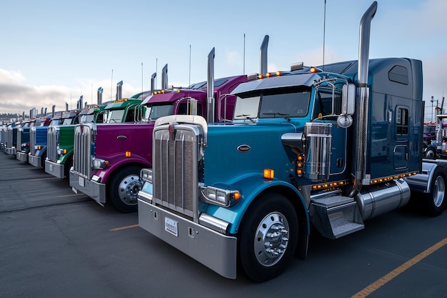 Uma grande frota de caminhões clássicos americanos estacionados em fila