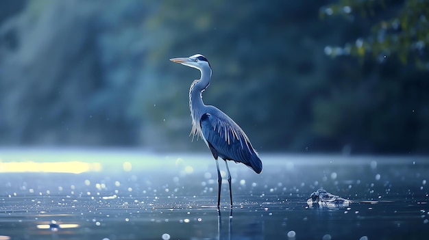 Uma grande garça azul vagueia nas águas rasas de um lago suas longas pernas refletindo-se na água