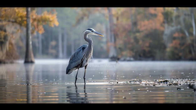 Uma grande garça azul vagueia nas águas rasas de um lago suas longas pernas refletindo-se na água