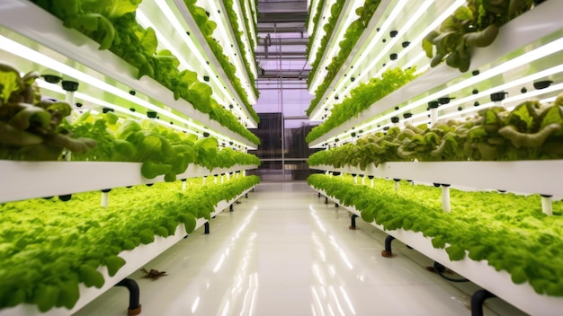 Uma grande horta interna com uma luz no fundo