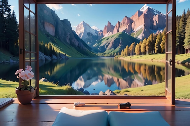Uma grande janela com vista para uma montanha e um lago.