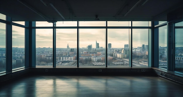 Uma grande janela em um escritório com vista para o horizonte da cidade