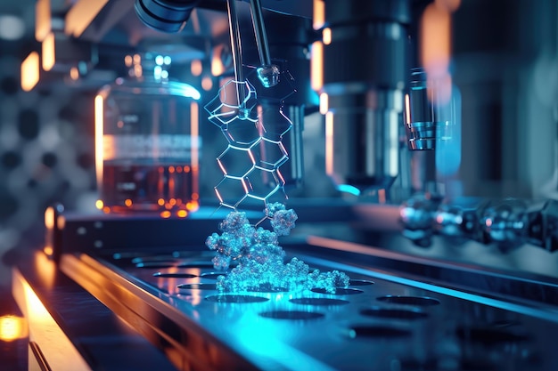 Uma grande máquina industrial está trabalhando duro processando uma substância exibindo sua eficiência e precisão Nanofluidics em reações químicas AI Gerado