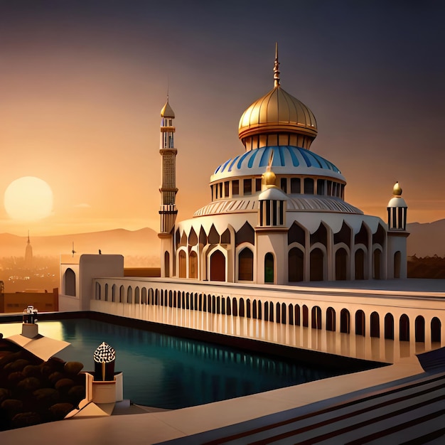 Uma grande mesquita azul e dourada com uma grande cúpula e uma pequena piscina em primeiro plano.