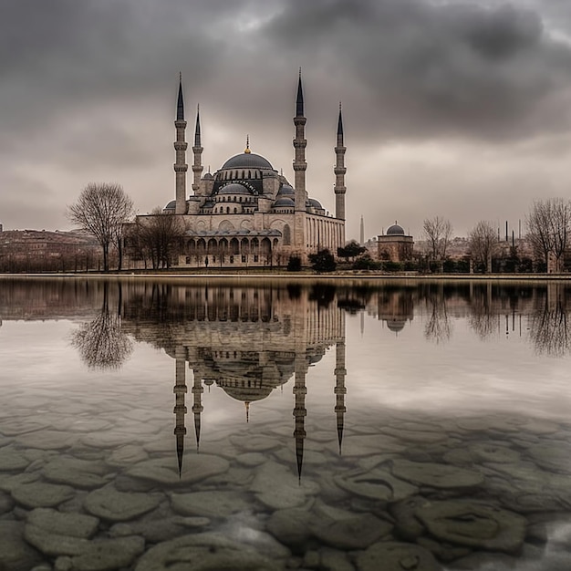 Uma grande mesquita azul é refletida na água.