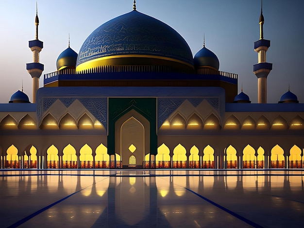 Uma grande mesquita azul e verde com uma cúpula e a palavra eid nela.