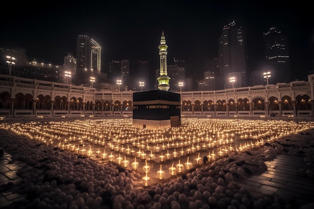 Uma grande mesquita com muitas velas iluminadas à noite.