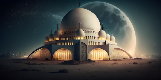 Uma grande mesquita com uma lua atrás dela