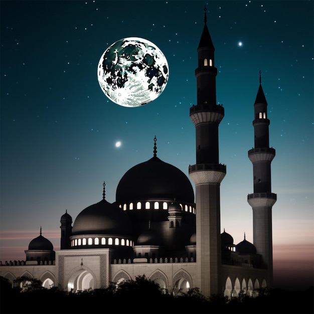 Uma grande mesquita com uma lua crescente no fundo