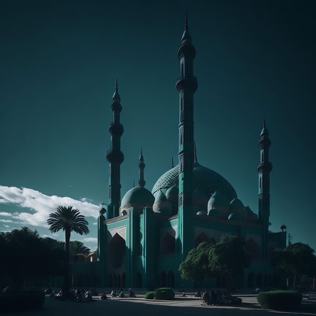 Uma grande mesquita verde com um fundo de céu azul