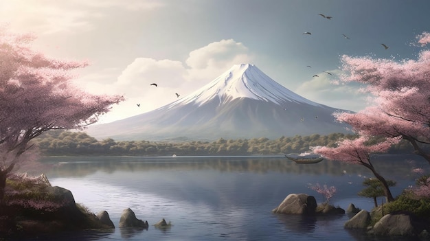 Uma grande montanha com uma capa de neve no topo no Japão com flores de cerejeira