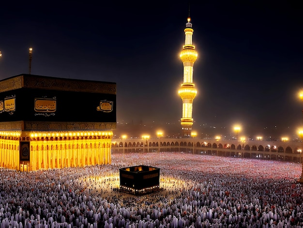 Uma grande multidão de pessoas em torno da Grande Mesquita em Meca com Kaaba e peregrinos