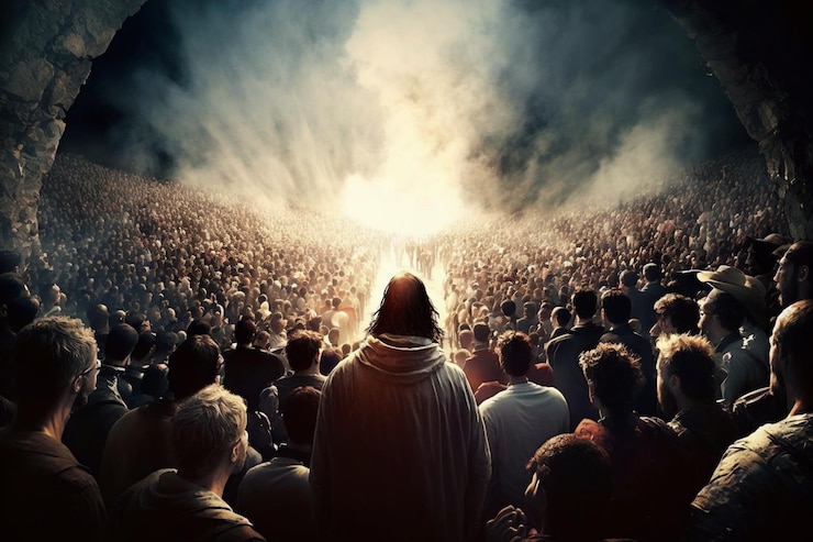 Uma grande multidão de pessoas em um teatro com um homem parado na frente dele e a palavra jesus na frente.