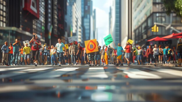 Foto uma grande multidão de pessoas está caminhando por uma rua movimentada da cidade, as pessoas estão segurando cartazes e cantando slogans.