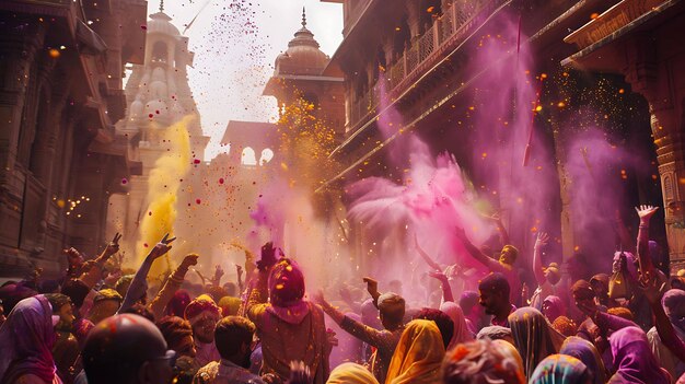 Uma grande multidão de pessoas está celebrando o feriado hindu Holi eles estão jogando pó colorido um no outro e dançando nas ruas