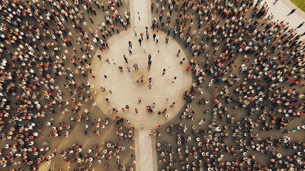 Uma grande multidão de pessoas está reunida em círculo com a palavra " no fundo. "