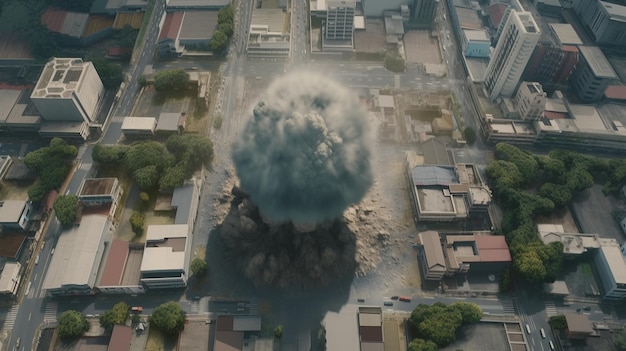 Uma grande nuvem de fumaça está saindo de uma grande explosão em uma cidade.