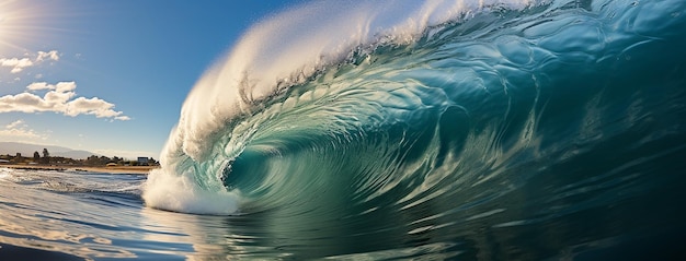 Uma grande onda azul no oceano num dia ensolarado
