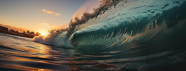 Uma grande onda de surf no oceano à noite.