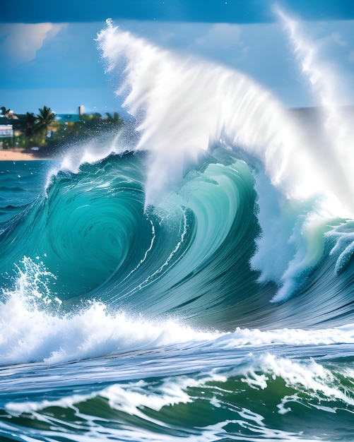 Uma grande onda está prestes a cair no oceano.