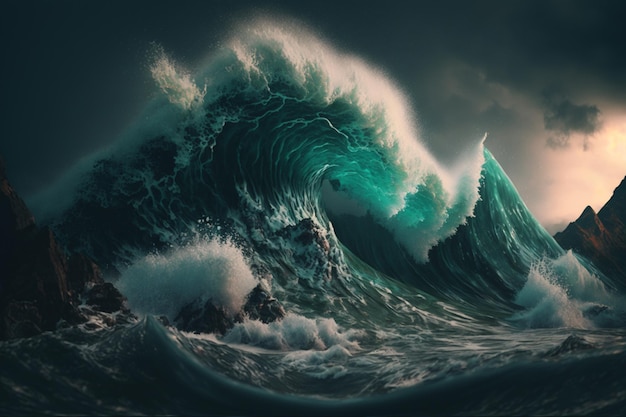 Uma grande onda está prestes a cair no oceano.