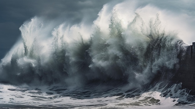 Uma grande onda está quebrando no oceano.