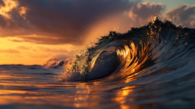 Uma grande onda majestosa batendo no oceano com um pôr-do-sol de fundo