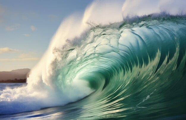 Uma grande onda quebra no oceano