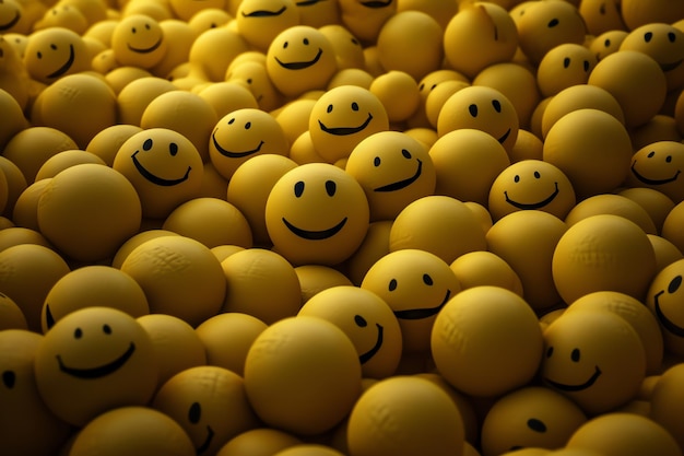 Uma grande pilha de bolas amarelas com rostos sorridentes nelas.