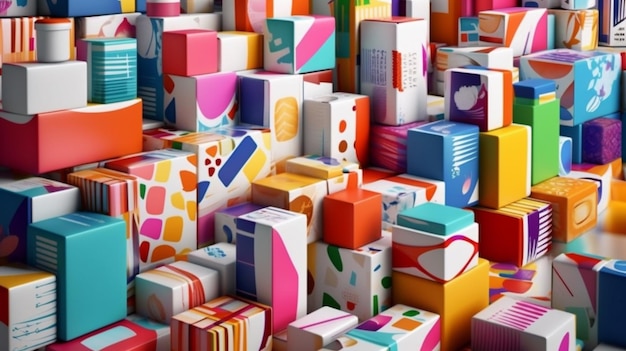 Uma grande pilha de caixas coloridas com a palavra nelas