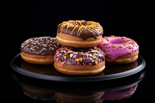 Uma grande pilha de donuts coloridos com cobertura de cores diferentes