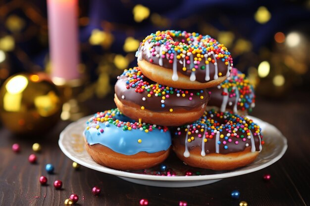 Uma grande pilha de donuts coloridos com cobertura de cores diferentes