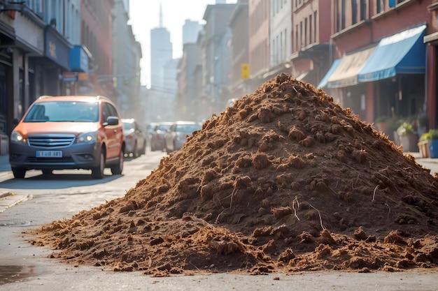 Uma grande pilha de esterco numa rua da cidade Agricultores protestam