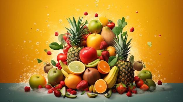 Uma grande pilha de frutas é cercada por um fundo amarelo.