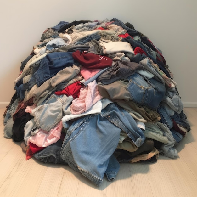 Foto uma grande pilha de jeans está no chão e uma grande bola de jeans está no chão.
