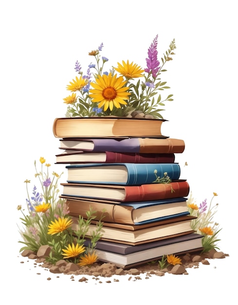 uma grande pilha de livros e flores de campo coloridas crescendo neles