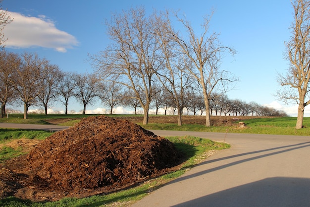 uma grande pilha de terra está no meio de um campo