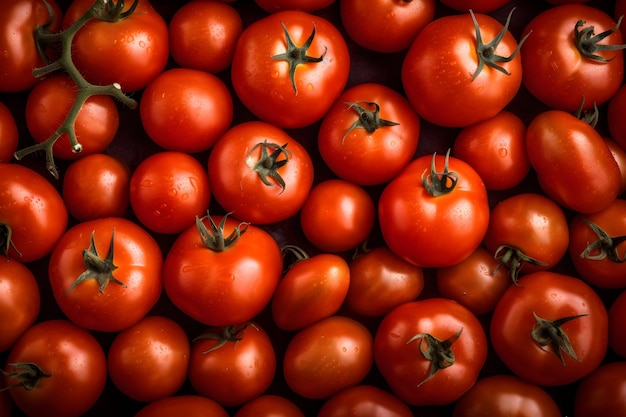 Uma grande pilha de tomates com o caule no topo.