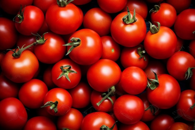 Uma grande pilha de tomates vermelhos com o caule no caule.