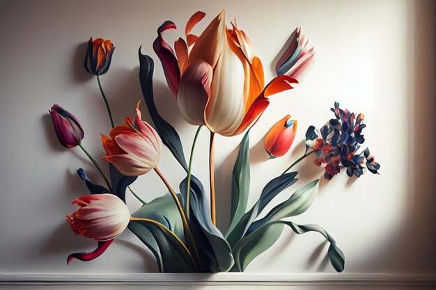 Uma grande pintura de tulipas e flores na parede.