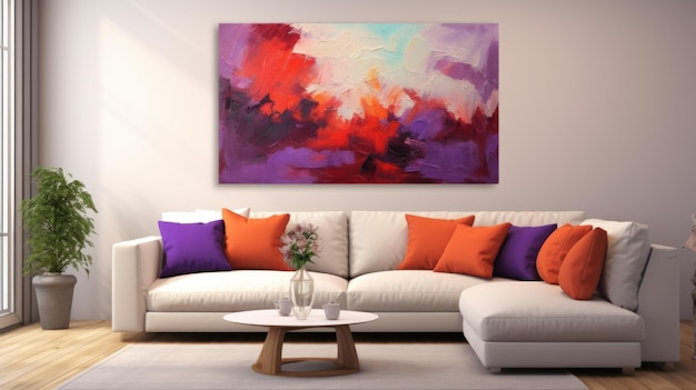 Uma grande pintura de uma pintura abstrata colorida em uma sala de estar ai