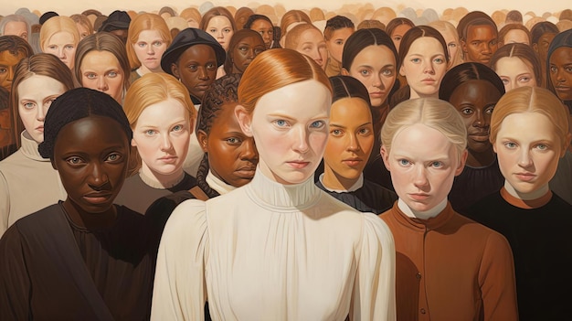 Foto uma grande pintura mostrando muitas pessoas em grupos no estilo de casey weldon