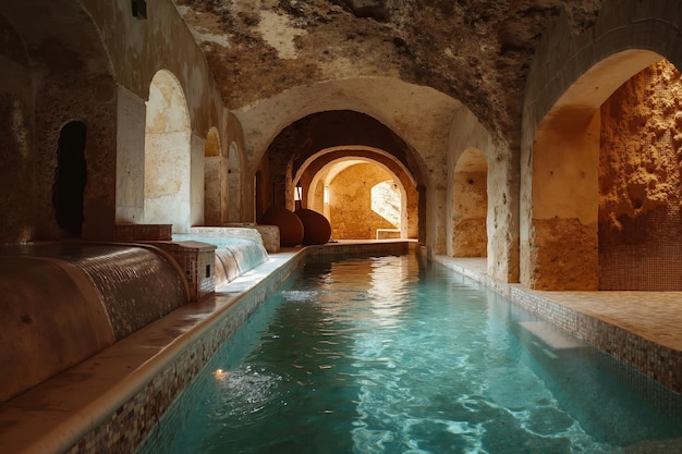 Uma grande piscina coberta em um edifício antigo